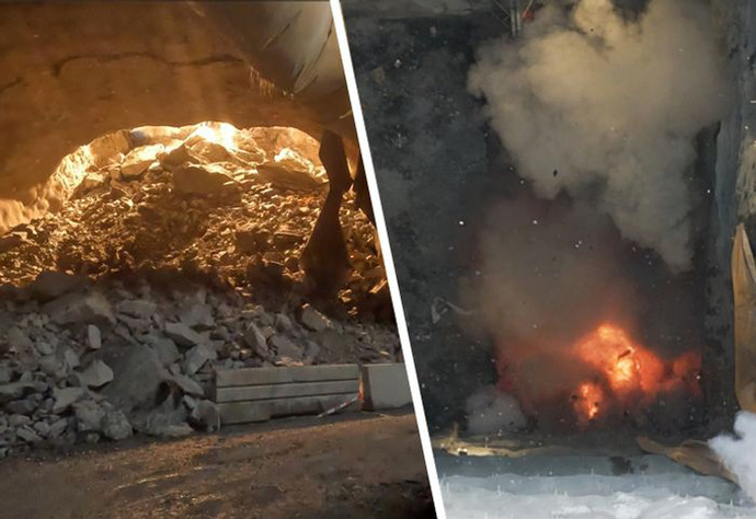 Två bilder: Till vänster syns en tunnel med en stor hög av stora stenar och ett ljussken från en öppning längst bort. Till höger en bild av en explosion med eldsflammor och rök.