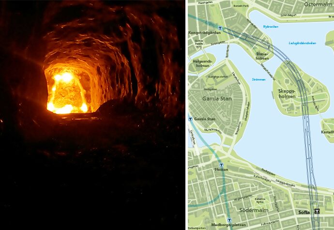 Bild som visar en av de sista tunnelsprängningarna och en karta över den nya sträckan.