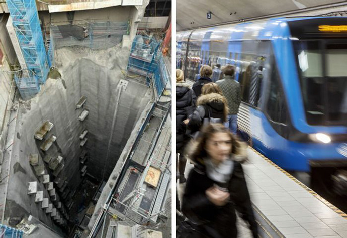 Kollage med två bilder: Till vänster: Hålet för de fem snabbhissarna på Gullmarsplan. Till höger: Befintlig tunnelbana i drift.