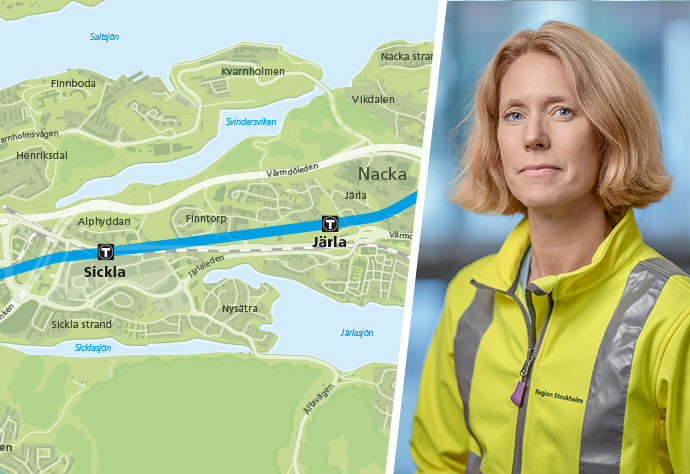 Karta över ny tunnelbanesträckning Sickla-Järla och porträtt av projektchef Theresa Millqvist.