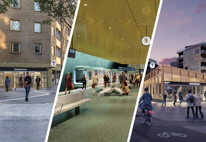 Tre perspektiv av Hammarby kanals tunnelbanestation: en entré vid en tegelbyggnad i dagsljus, en underjordisk plattform med ett tåg och passagerare, samt en modern entré i träbalkar i skymningsljus nära flerbostadshus.