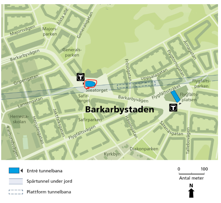 Karta över Barkarbystaden med platser utmärkta för station Barkarbystadens uppgångar. Den västra markerad i rött. 