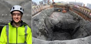 Bild på byggledare Martin Parvisto, samt en bild på det utsprängda hålet i Lumaparken.