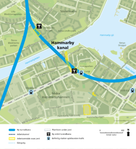 Karta över station Hammarby kanal och dess arbetsområden.