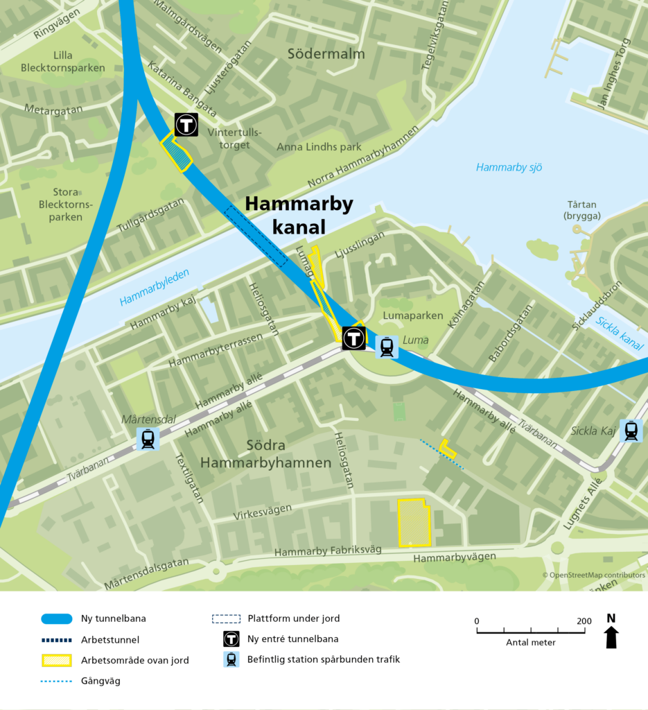 Karta över station Hammarby kanal och dess arbetsområden.