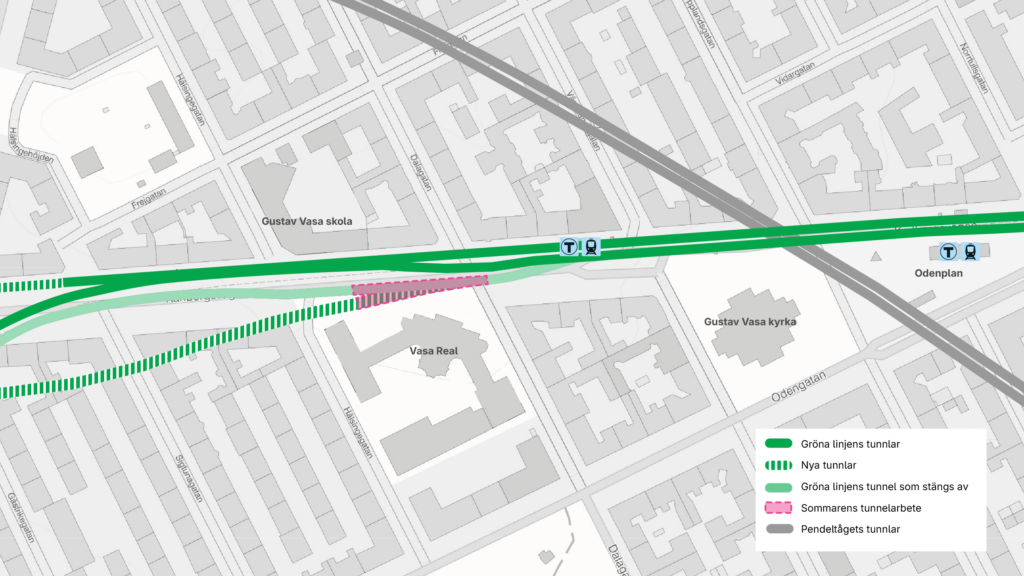 Karta som visar var tunnelarbetet under jord sker, i närheten av Vasa Real.