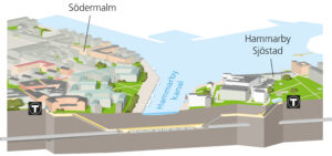 Illustration på station Hammarby kanal i genomskärning. Stationen ligger under kanalen och du kan gå upp både på Södermalm och i Hammarby Sjöstad.
