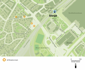 Karta över Älvsjö där arbetsområden är markerade.