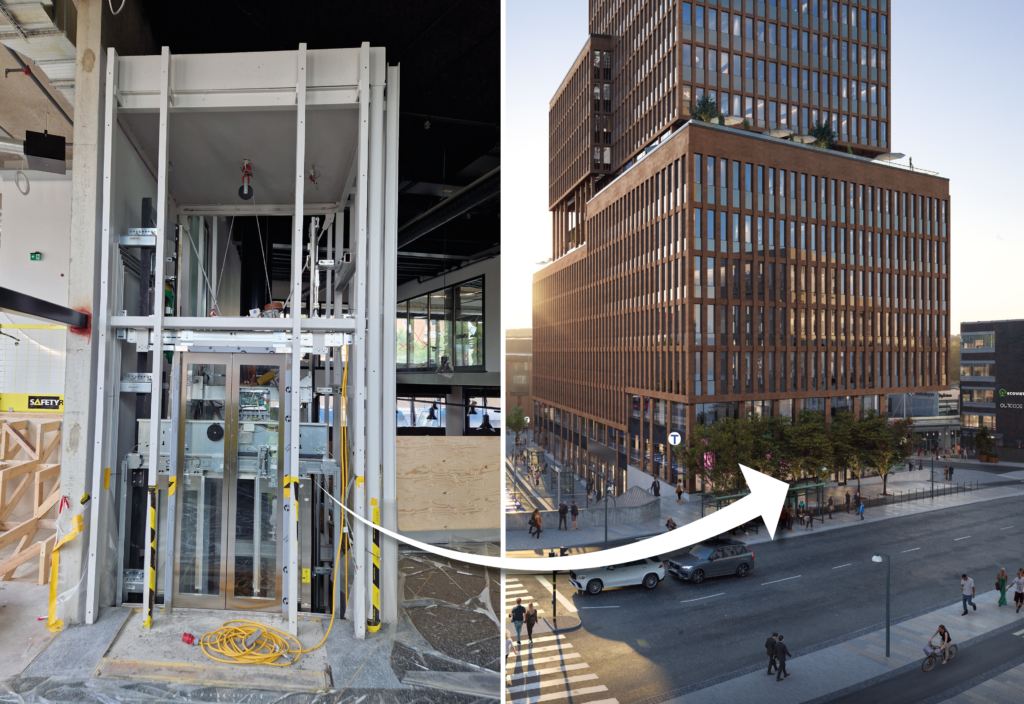Kollage som visar den nya hissen med glasväggar och en visionsbild av det nya stationshuset Sickla Central.