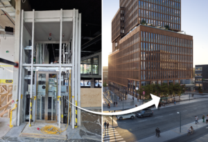 Kollage som visar den nya hissen med glasväggar och en visionsbild av det nya stationshuset Sickla Central.