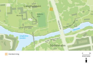 En karta över Långholmen med ett arbetsområde för borrning markerat.