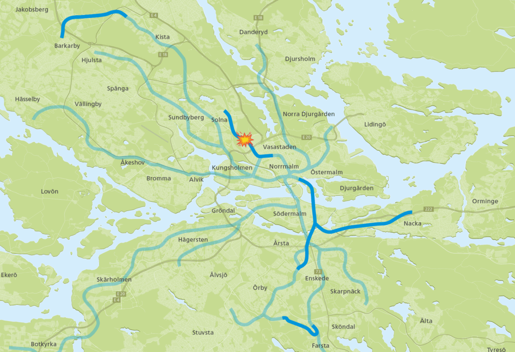 Karta som visar var den sista biten tunnel ska sprängas ut. Strax norr om Karolinska Universitetssjukhuset.