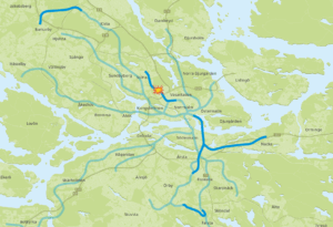 Karta som visar var den sista biten tunnel ska sprängas ut. Strax norr om Karolinska Universitetssjukhuset.