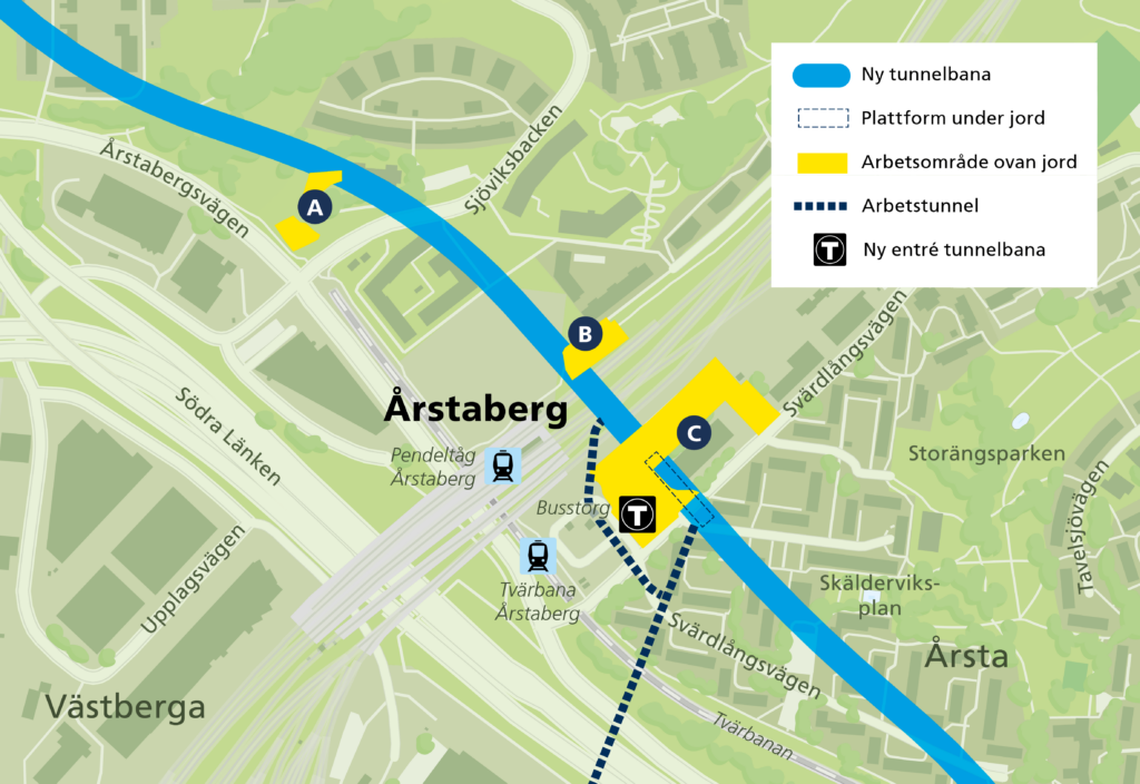 Karta arbetsområden Årstaberg Gul linje