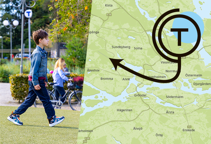 Fotomontage med karta över Bromma samt foto på en pojke utanför en tunnelbanestation