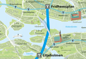 Karta över Långholmen där Gul linje är utmärkt