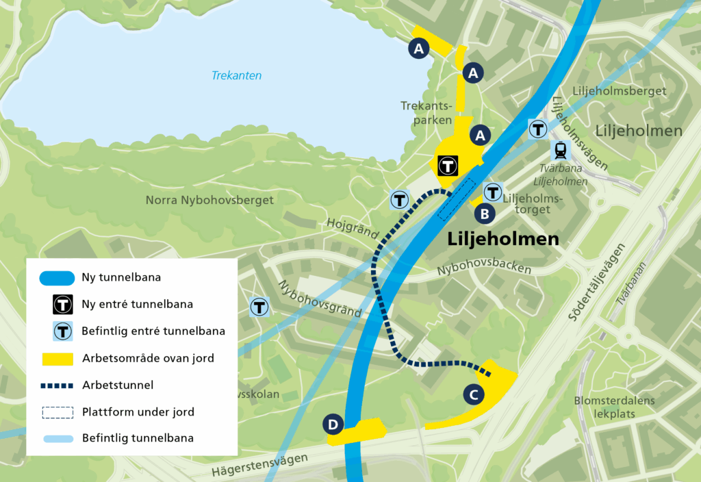 Karta arbetsområden Liljeholmen Gul linje
