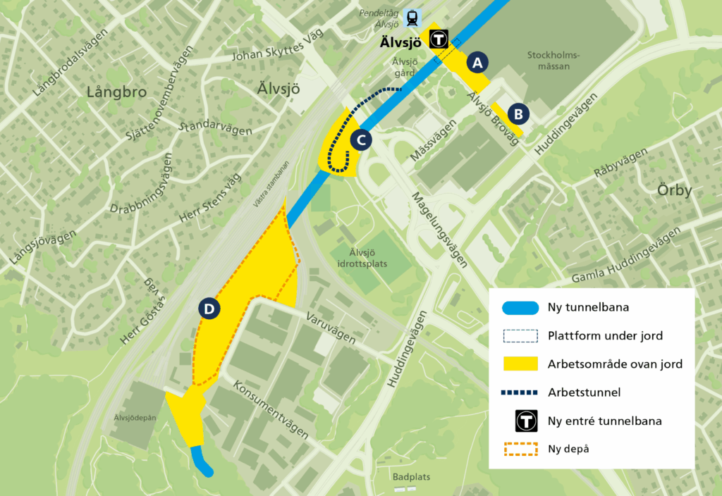 Karta arbetsområden Älvsjö Gul linje