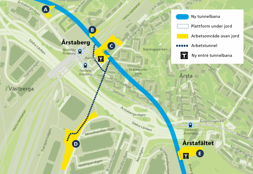 Karta arbetsområden Årstaberg Gul linje