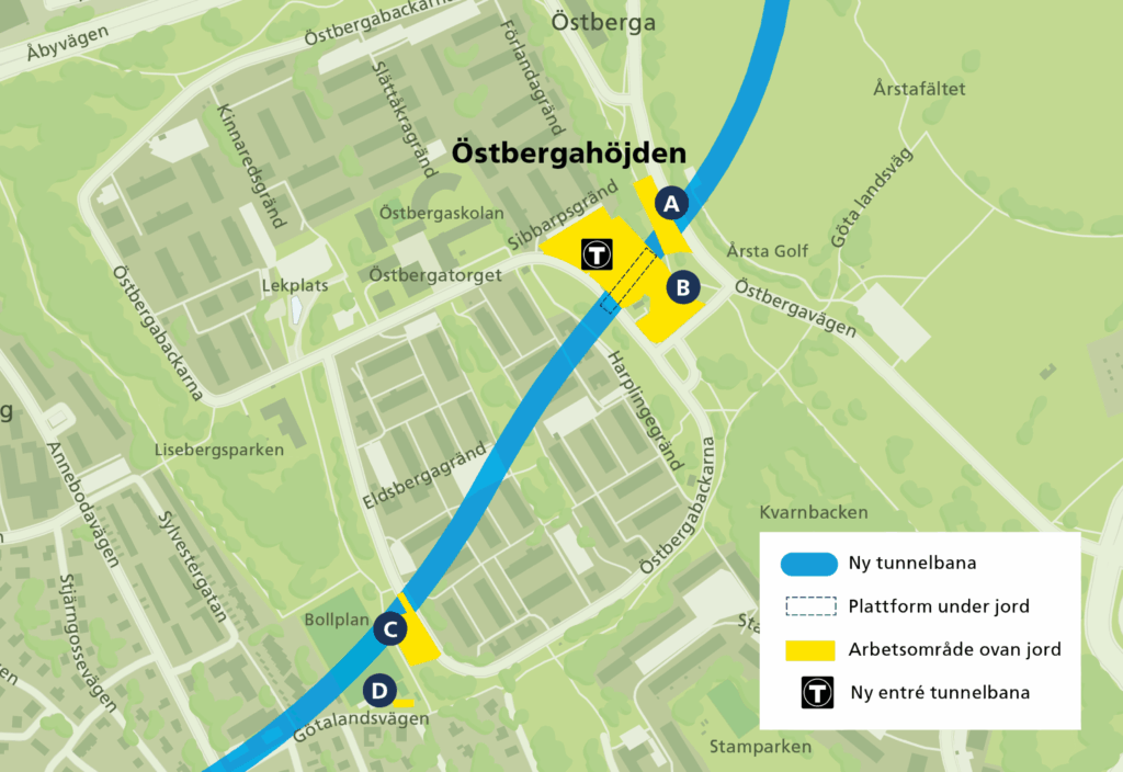 Karta arbetsområden Östberga Gul linje