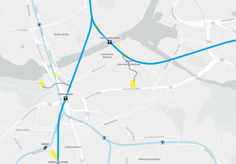 Karta över Stockholm som visar spårlinjer.