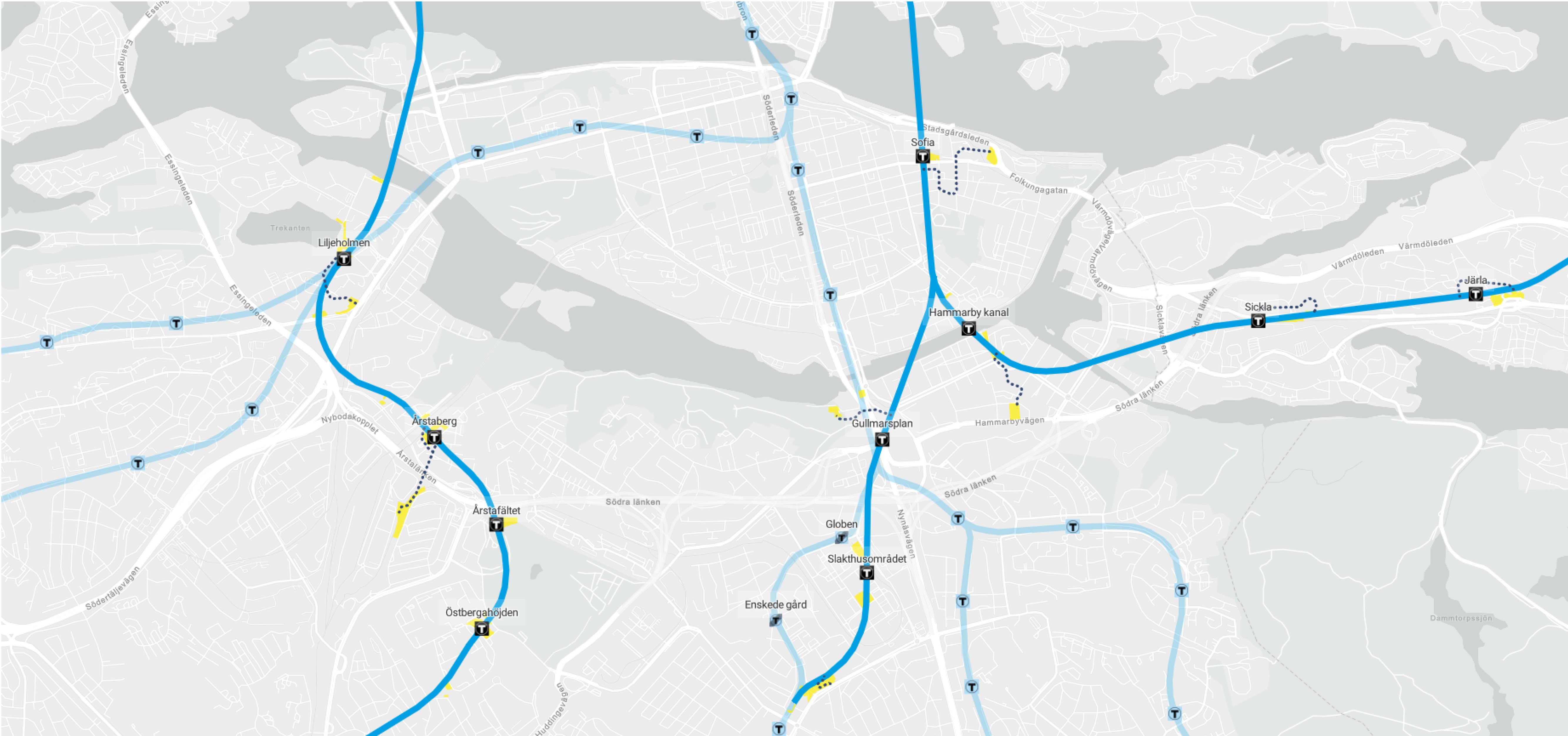 Utsnitt av kartbild med nya tunnelbanelinjer på Södermalm och i Söderort.