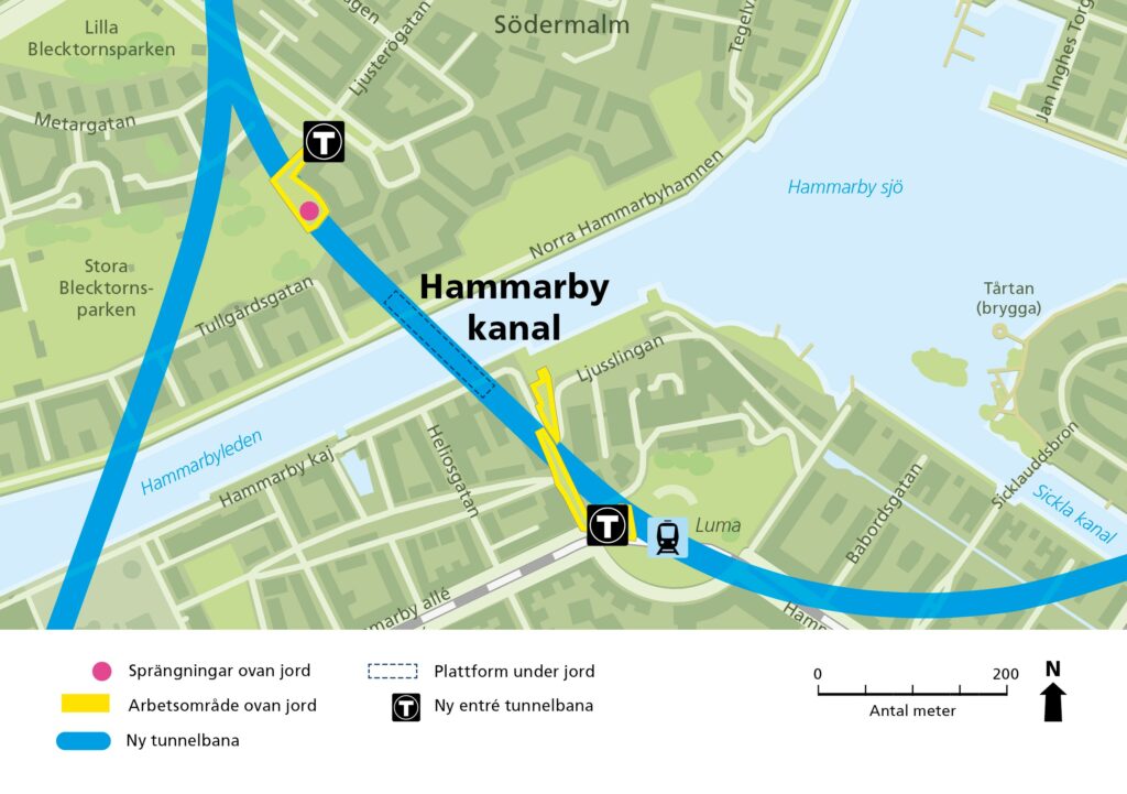 Karta över Hammarby kanal där man ser entréerna, Vintertullen på Södermalm och Luma i Hammarby sjöstad.