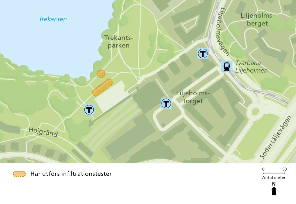 Karta över Liljeholmen och markering vid Trekantsparken där infltrationstester kommer att utföras.