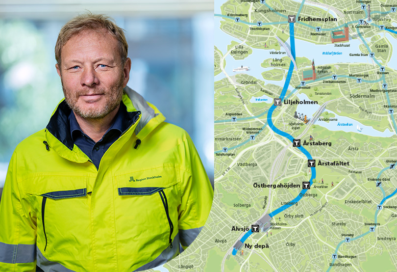 Per Ling-Vannerus intill en karta över Gul linje till Älvsjö.