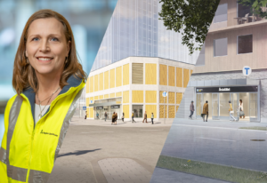 Person i gula arbetskläder. Visionsbilder som visar station Årstafältet och station Årstaberg.