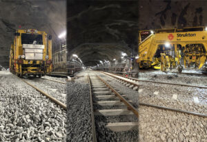 Kollage med tre bilder från en järnvägstunnel: i mitten löper ett järnvägsspår genom tunneln med belysning i taket och krossad sten längs sidorna. Till vänster och höger syns gula spårunderhållsmaskiner från Strukton Rail placerade på spårområdet.