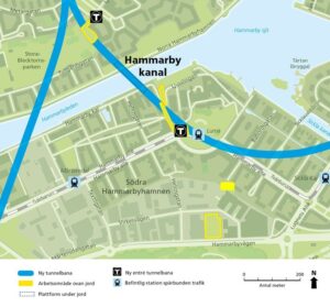 Karta över utbyggnaden i Hammarby Sjöstad med Heliosgången markerad i gult.