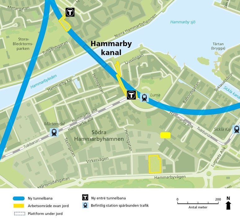 Karta över utbyggnaden i Hammarby Sjöstad med Heliosgången markerad i gult.