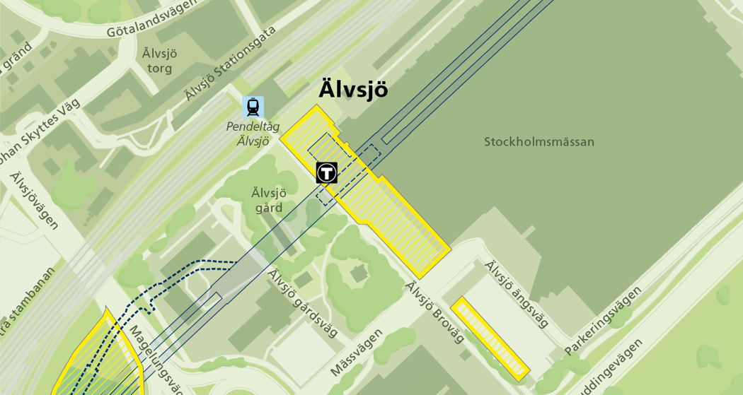 En karta över området vid Älvsjö station. 