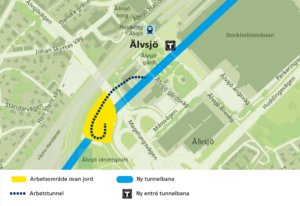 Bilden visar karta över Älvsjö med arbetsområde markerat.