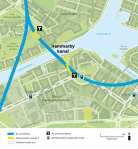 Karta över station Hammarby kanal med Södermalm på ena sidan kanalen och Hammarby Sjöstad på den andra.