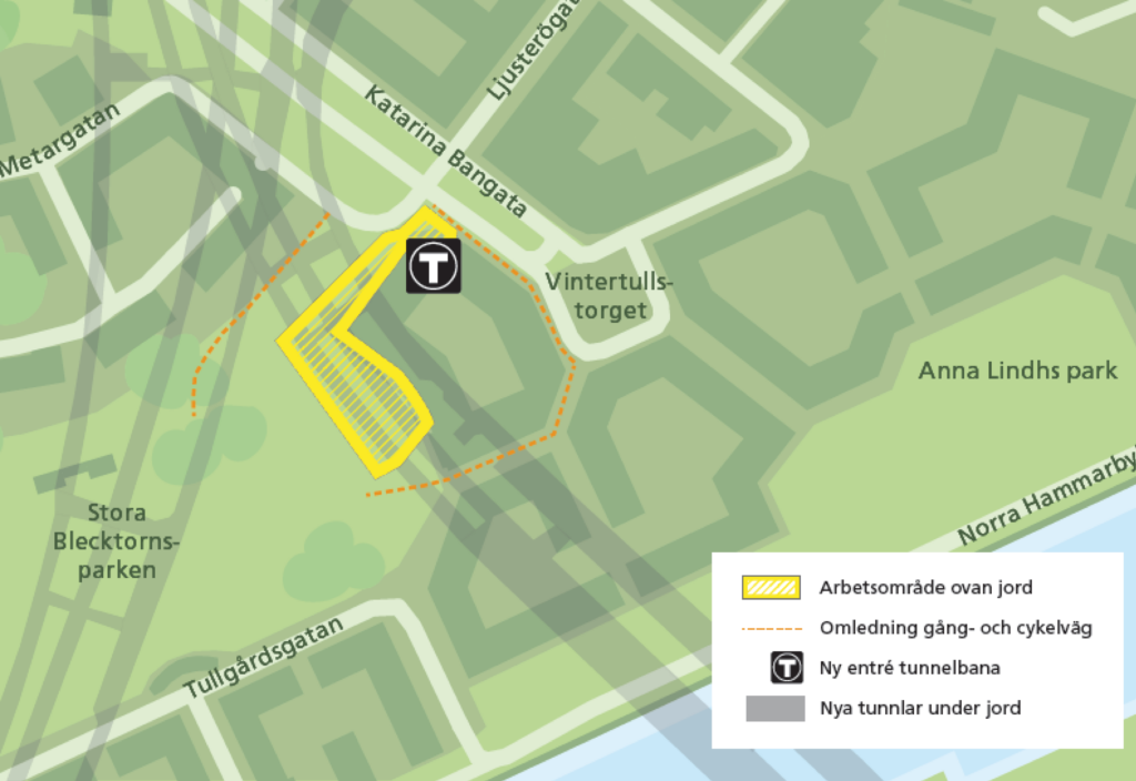 Karta över Norra Hammarbyhamnen och Stora Blecktornsparken med arbetsområdet markerat i gult.