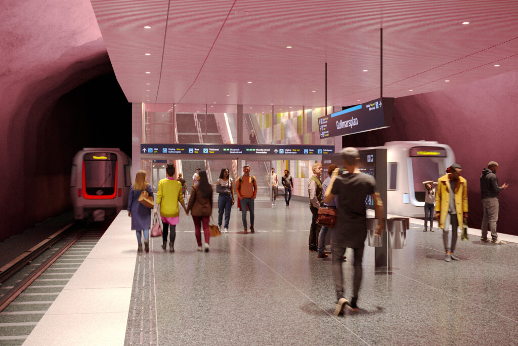 Visionsbild av station Gullmarsplans nya plattform under jord.