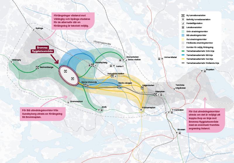 Karta som visar de tunnelbanealternativ som fortfarande utreds.