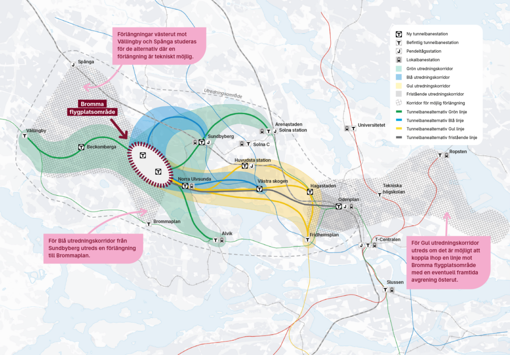 Karta som visar olika alternativ för hur en tunnelbana till Bromma flygplatsområde skulle kunna dras.