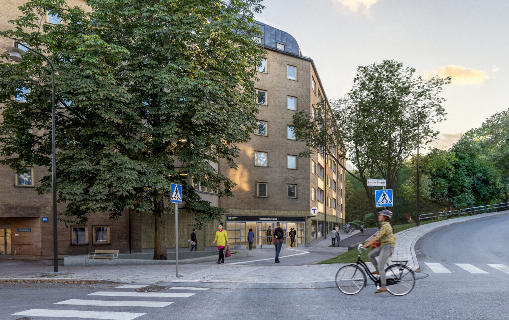 Visionsbilden visar huset Hamnvakten vid Vintertullen på Söder när tunnelbaneentrén är färdigbyggd.