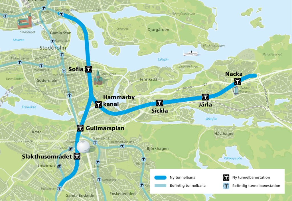 Karta över nya tunnelbanesträckan från Kungsträdgården till Nacka och Söderort.