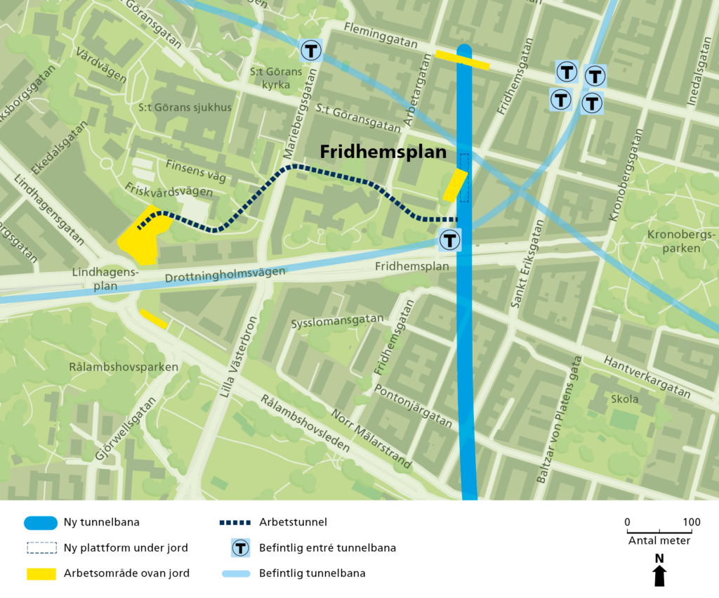 Karta över Fridhemsplan och Lindhagensplan med nya tunnelbanans arbetsområden.