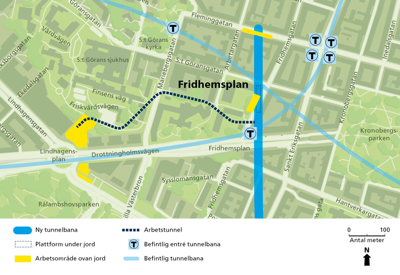 Karta över Fridhemsplan och Lindhagensplan med nya tunnelbanans arbetsområden.