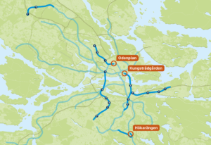 Arbeten med nya tunnelbanan inritade på en karta.