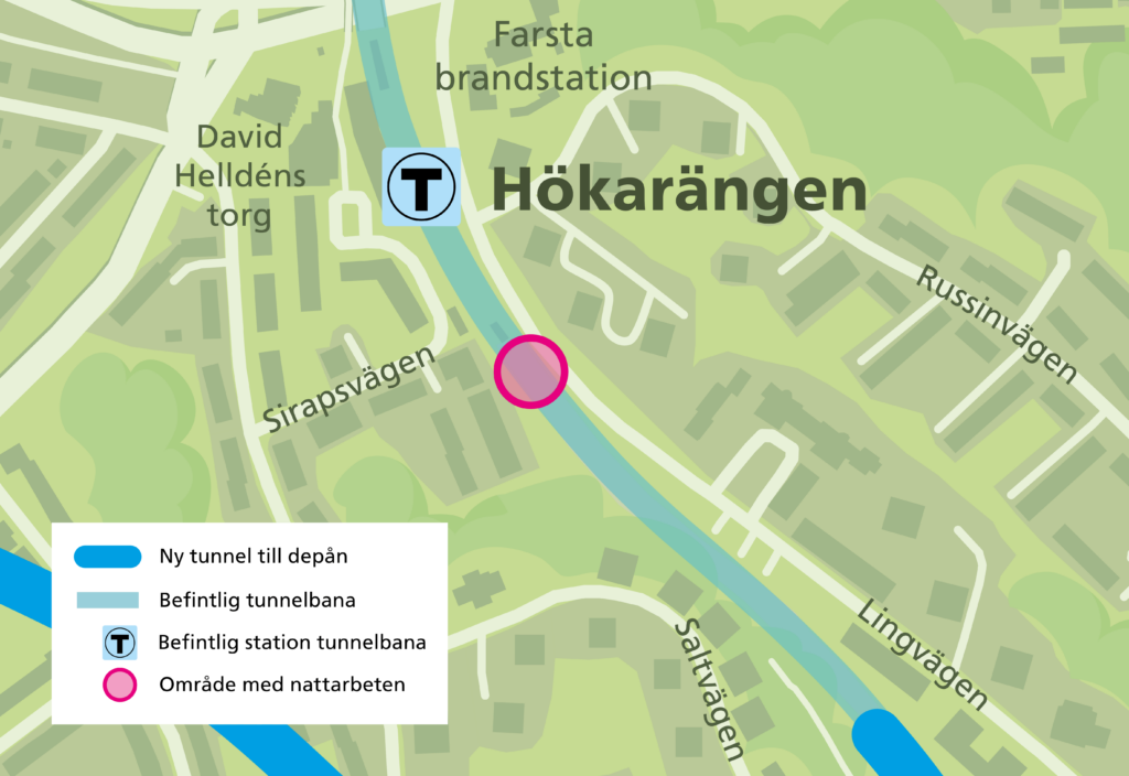 En karta över Hökarängen med en markering söde rom Hökarängens station