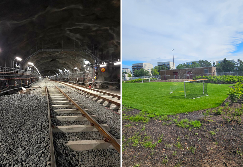 Kollage med en tunnel och en grönyta som vattnas.