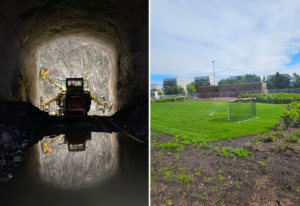Kollage som visar en tunnel med en arbetsmaskin och vatten på marken. Och en gräsyta som vattnas.