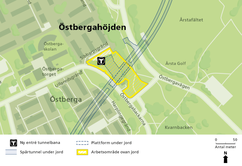 Karta över Östberga med arbetsområde markerat.