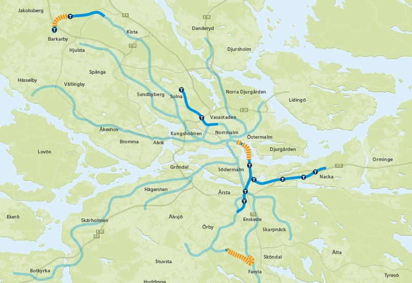 Karta över Stockholm som visar var spåren i nya tunnelbanan redan är lagda.
